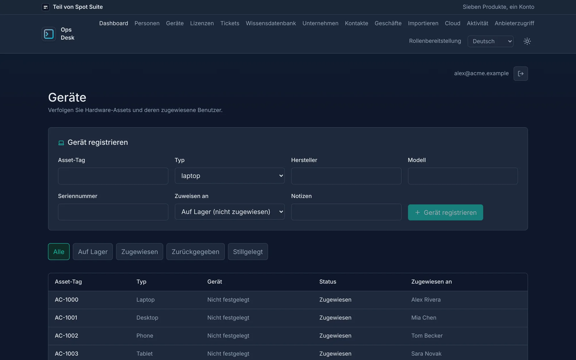 OpsDesk-Gerätebildschirm