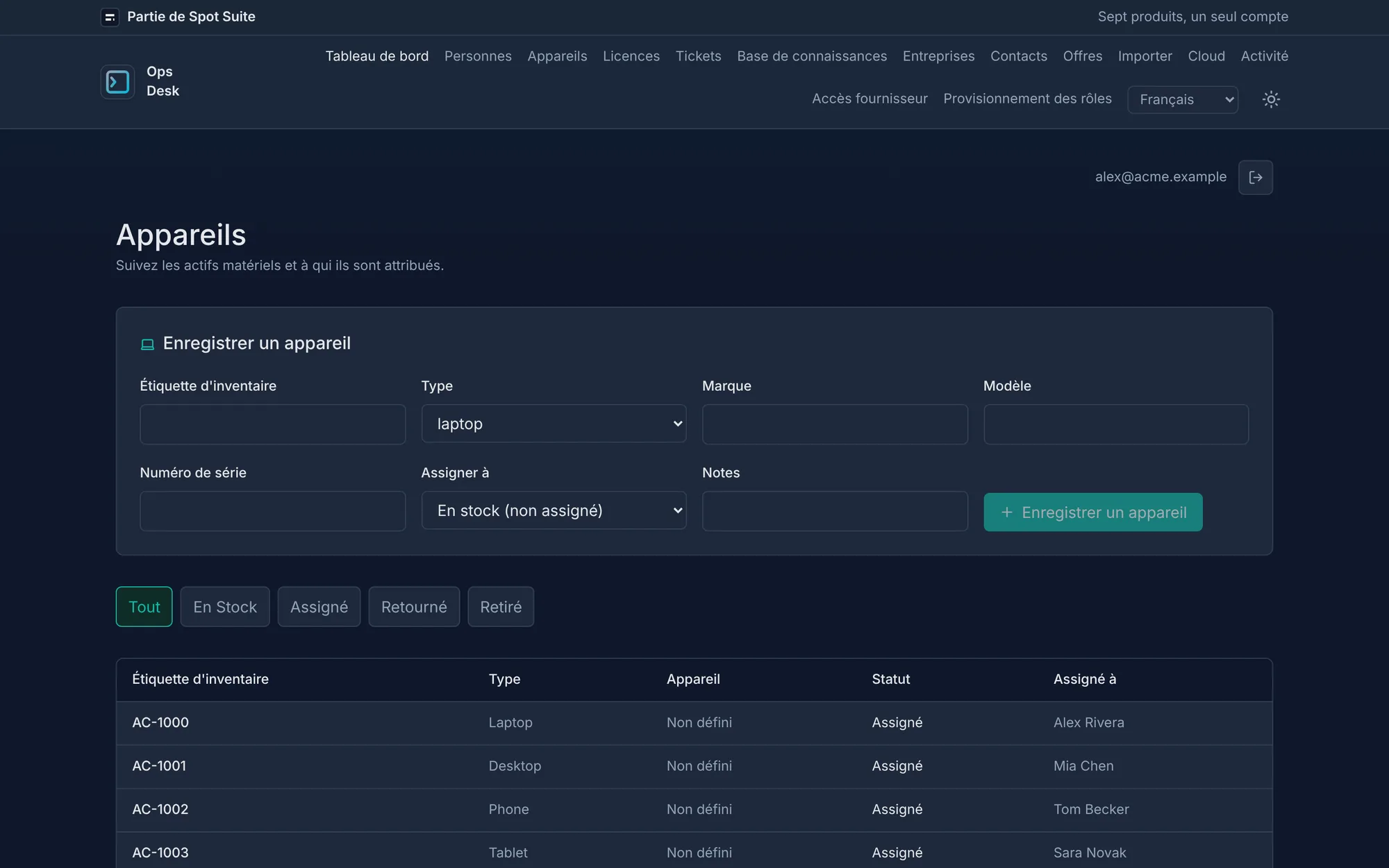 Écran appareils OpsDesk