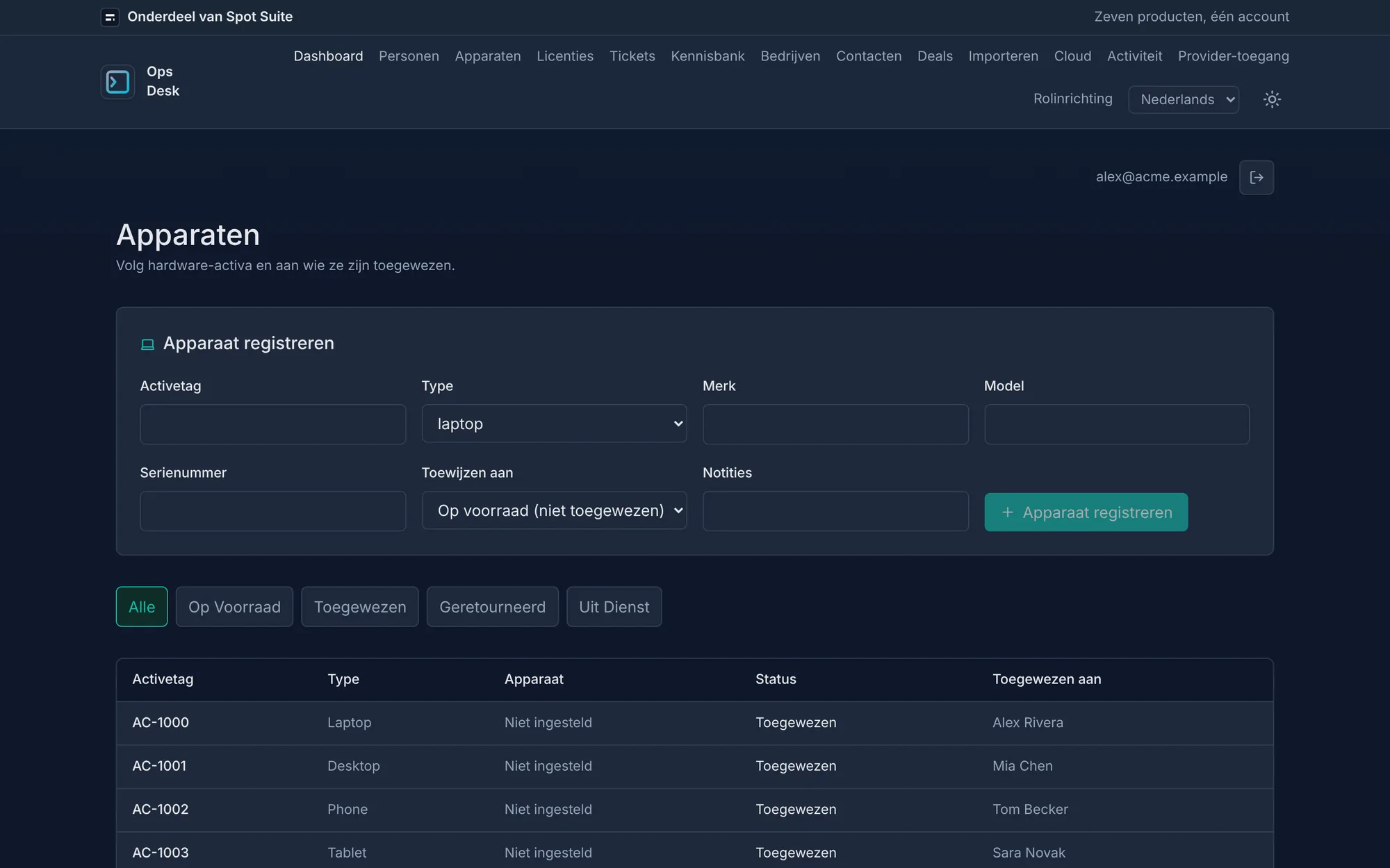 OpsDesk-apparatenscherm