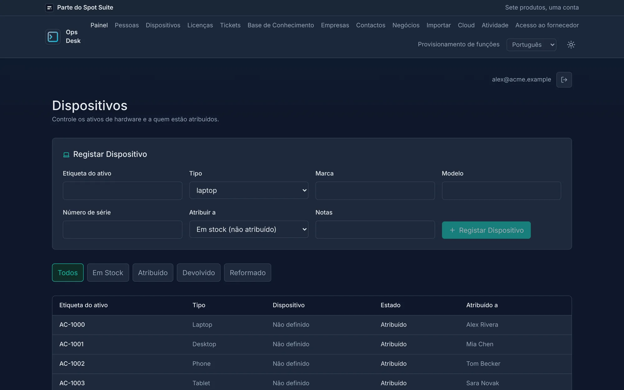 Ecrã de dispositivos do OpsDesk