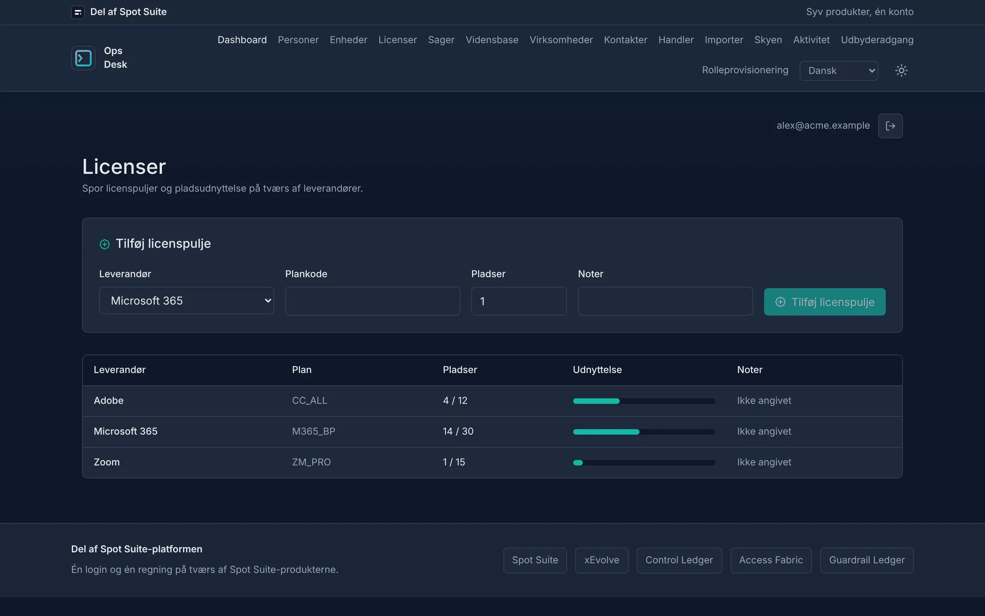 OpsDesk licenses screen