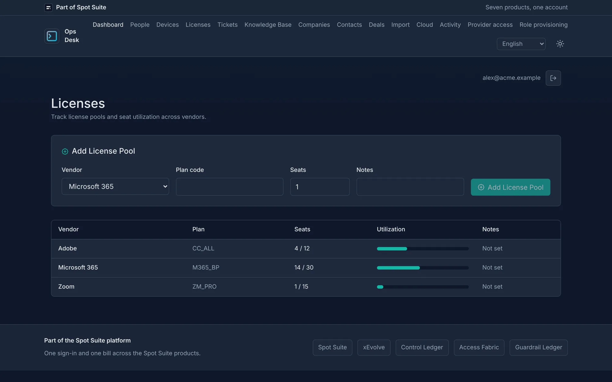 OpsDesk licenses screen