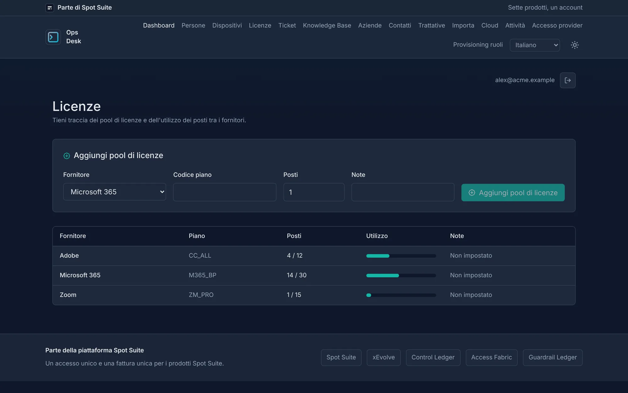Schermata licenze OpsDesk