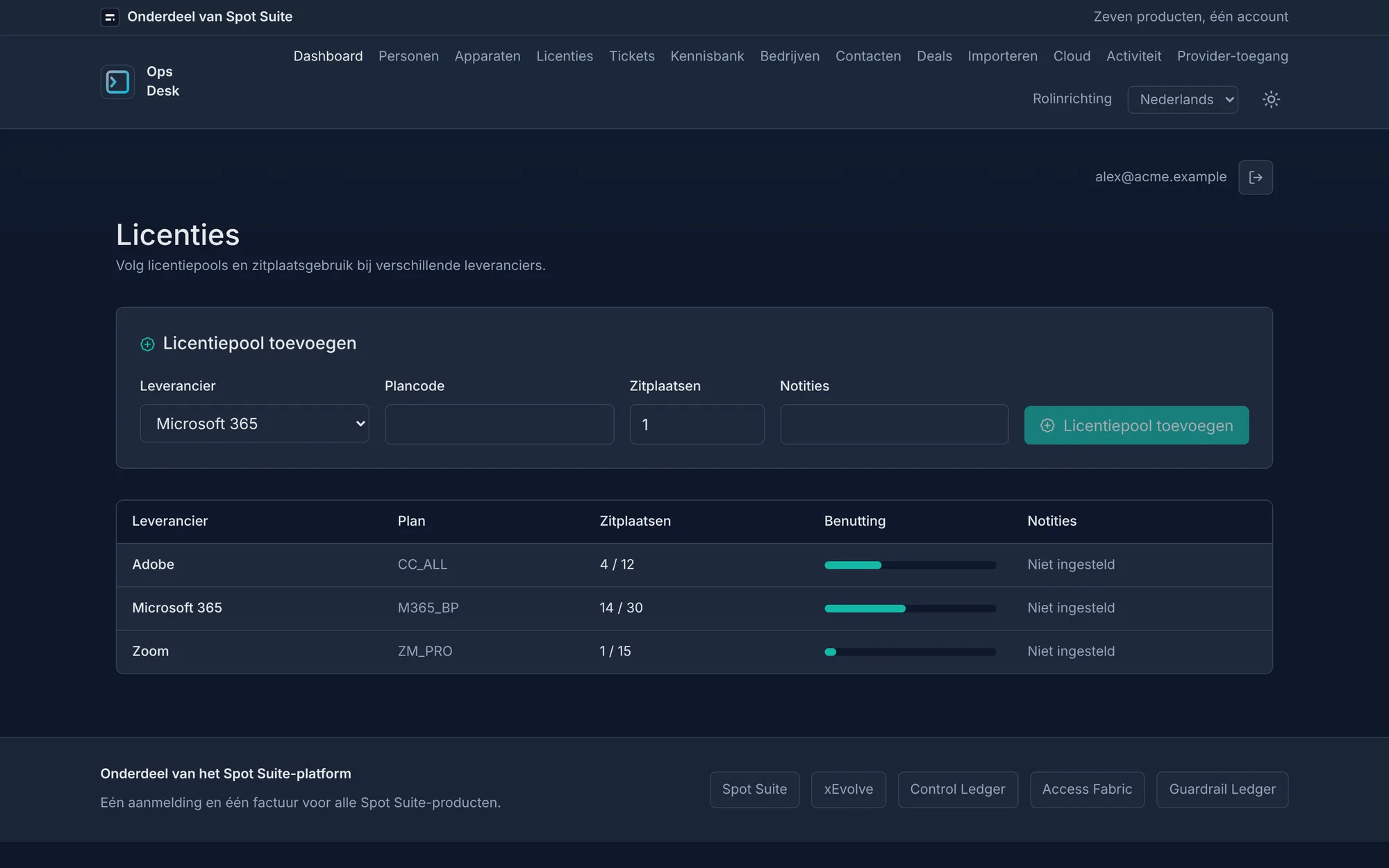 OpsDesk-licentiescherm