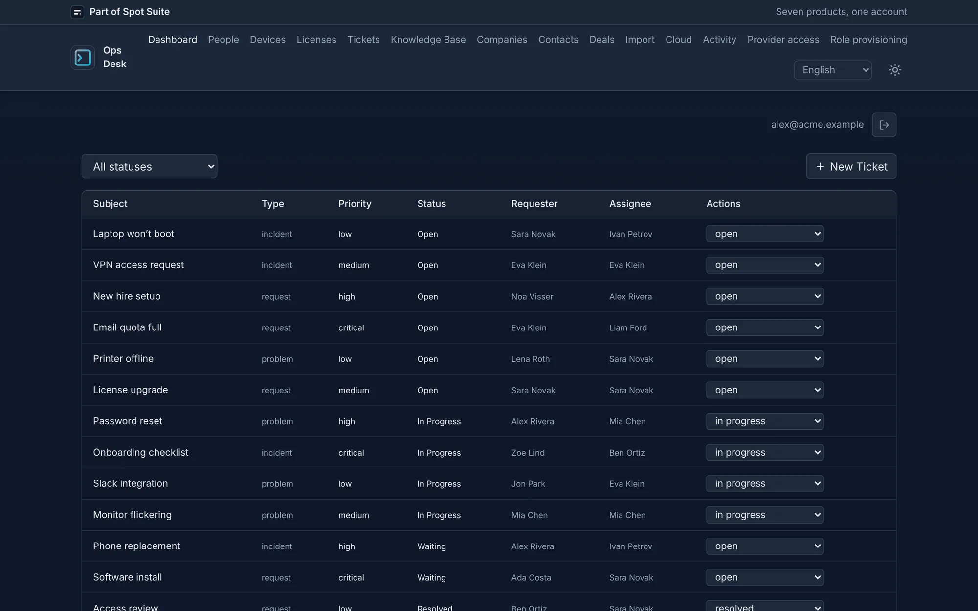 OpsDesk tickets screen