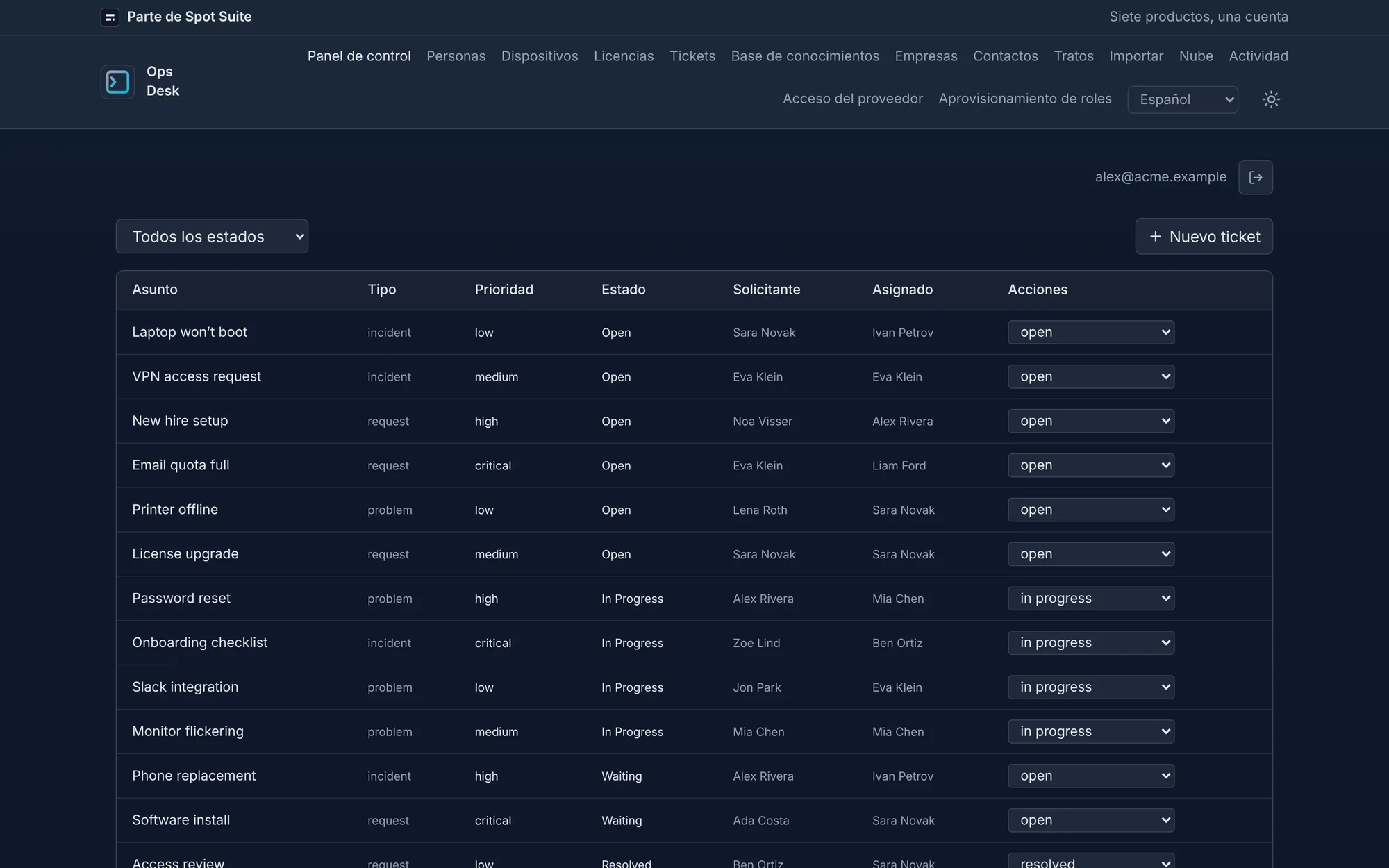 Pantalla de tickets de OpsDesk