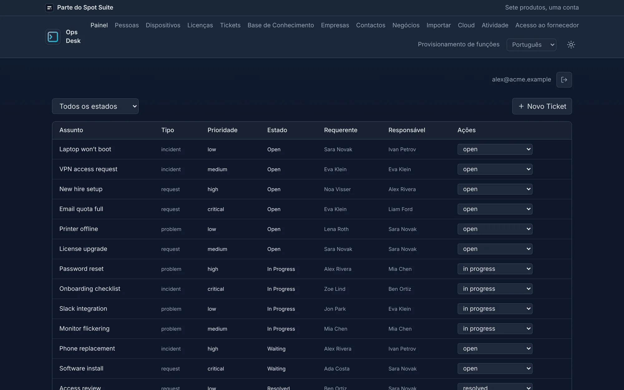 Ecrã de tickets do OpsDesk